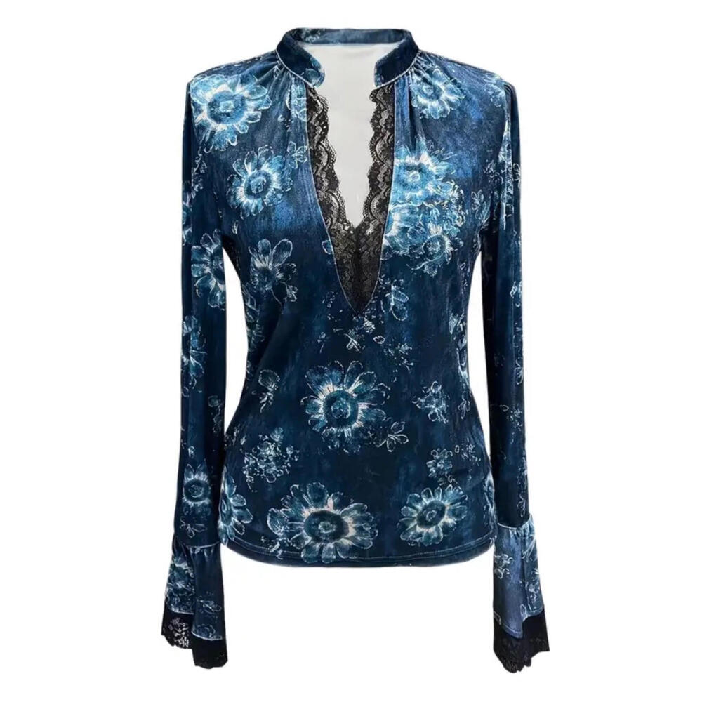 NEW Beautiful Vintage S-XL Boho Blue Velvet Blouse Lace Trim Floral Print Top - Picture 6 of 10